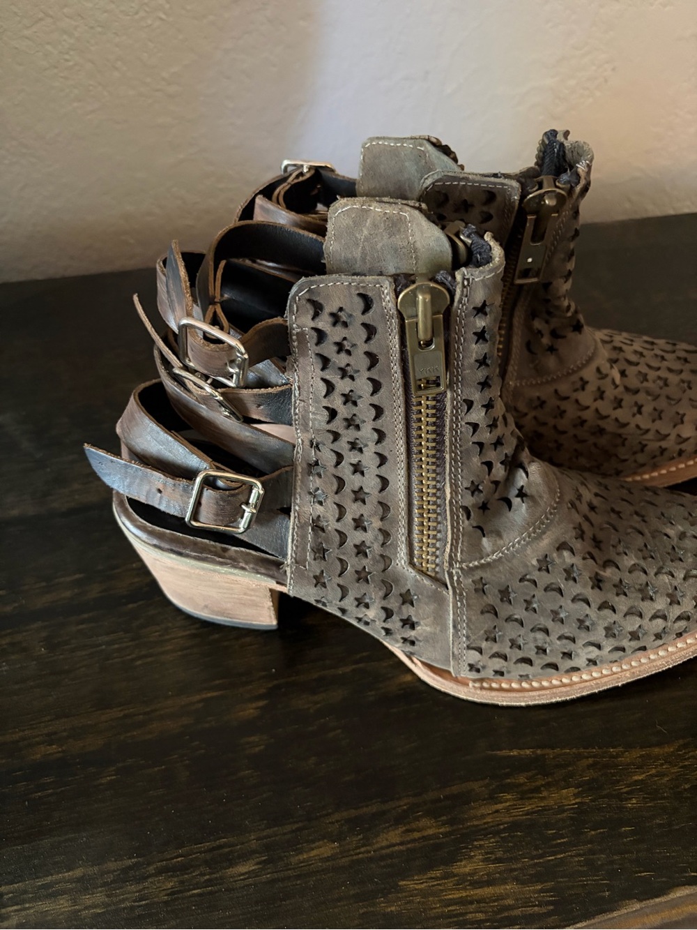Freebird Women's Taupe Perforated Ankle Boots with Buckle Straps